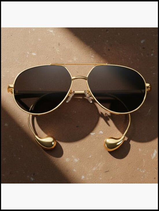 Gold Metal Frame Aviator Sunglasses with Earring Design